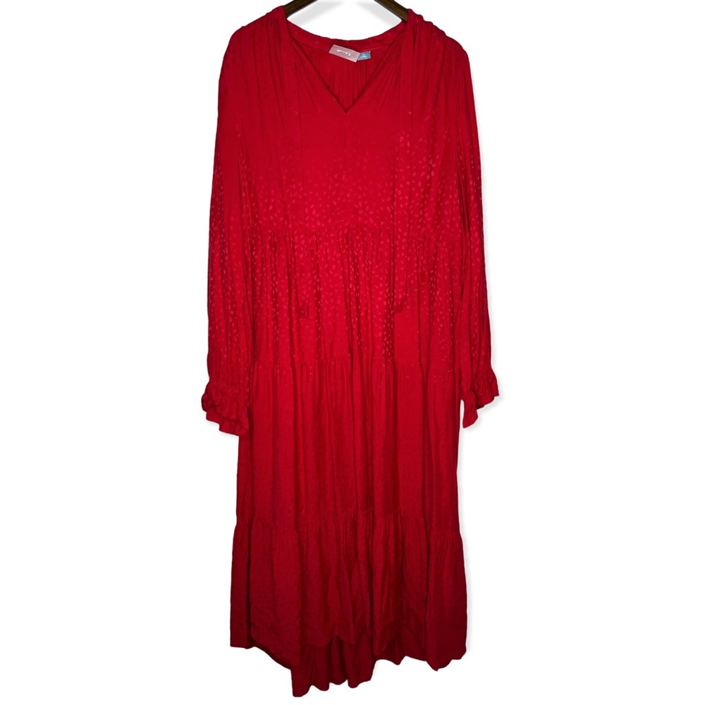 *SOLD* Anthropologie A+ Size 1X Maeve Red Wendy Tiered Tie Neck Maxi Dress - Picture 2 of 6